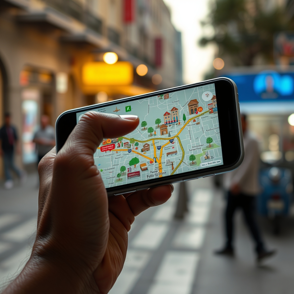 Celular con el mapa de Google mostrando negocios de barrio